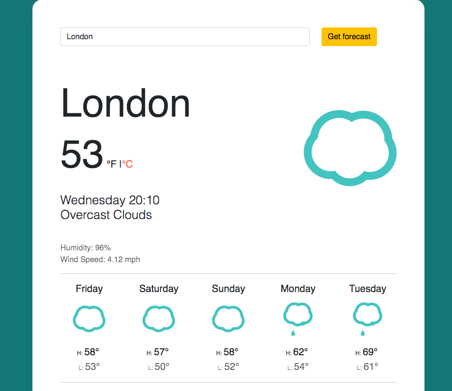 front-end developer weather application coded in react by kayla shovlowsky